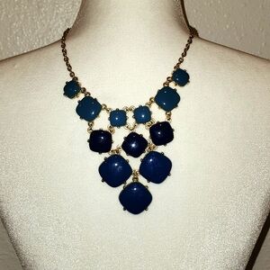 Statement Bib Necklace faceted Navy Blue/Green Lucite beads Gold Tone 24”